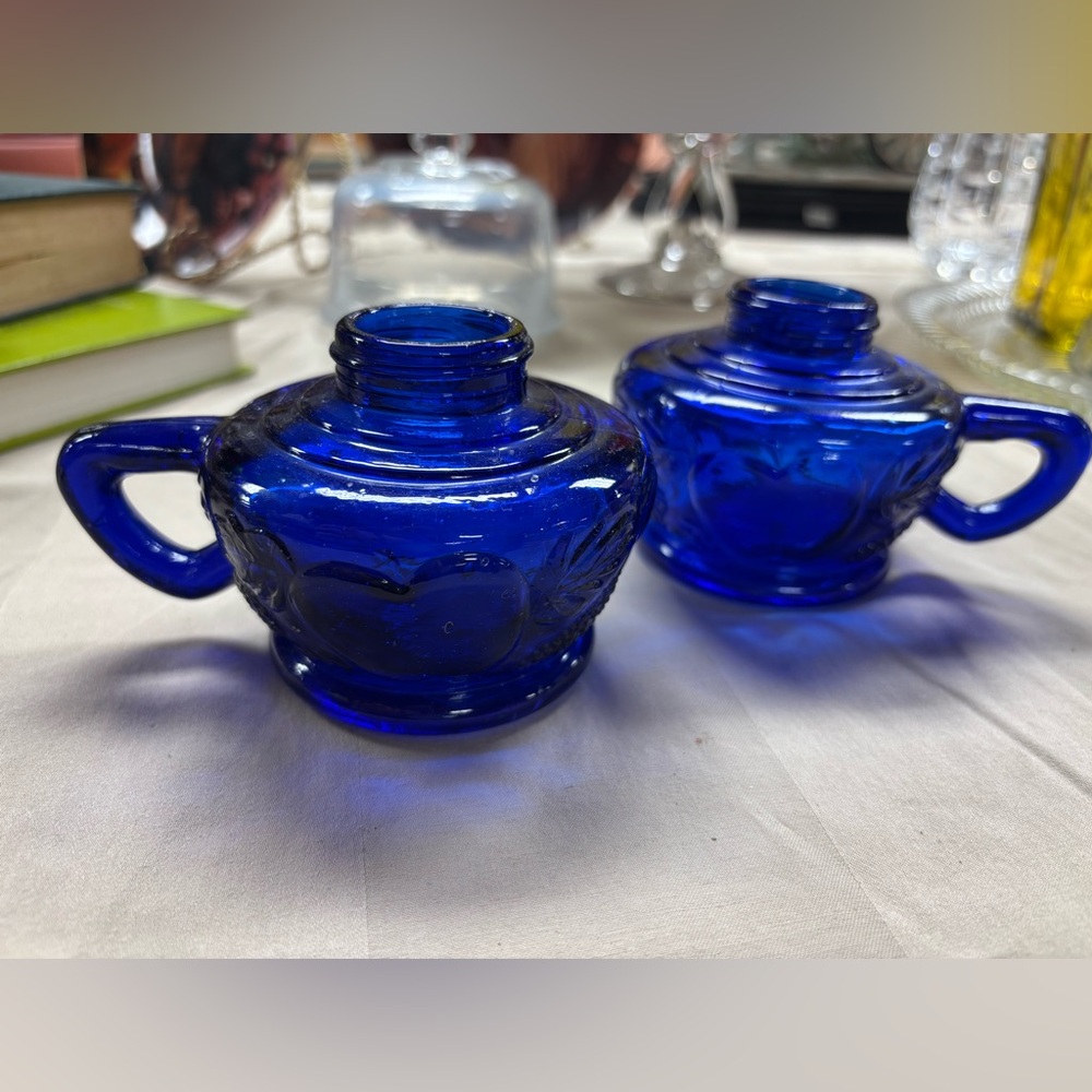 2 VINTAGE COBALT BLUE OIL LAMP BASES w/HANDLE (MADE IN HONG KONG) Small